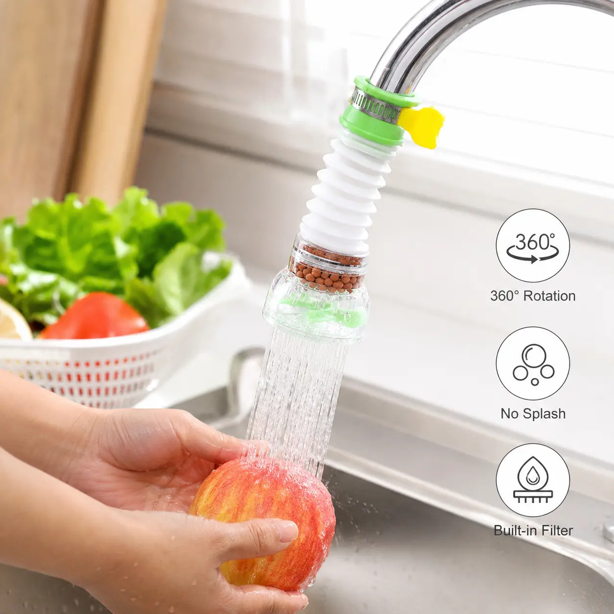 1-Pack Rotatable Head Mineral Filter Faucet Sprinkler Head, Swivel Faucet Extender with Stretchable Hose, Splashproof Water-Saving Nozzle, Kitchen Sink Accessories for Kitchen Use