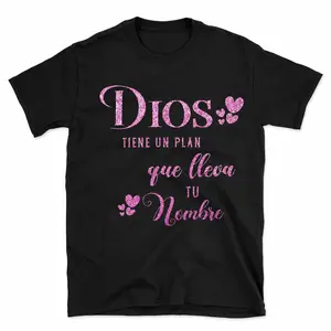 Dios Tiene Un Plan Que Lleva Tu Nombre Graphic Tee | Spanish Faith Quote Shirt | Christian Inspirational Latina Aesthetic T-Shirt | Pink Glitter God Plan Tee | Viral TikTok Religious Gift Top