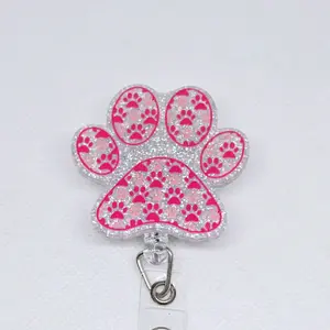 Pink Silver Glittter Dog Paw Acrylic Retractable Badge ID Reel Belt or Alligator Clip Perfect for Dog Moms, Veterinary Technicians, Animal Rescue Workers id badge great gift retractable clip cute