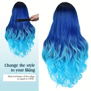 Women'S Long Wavy Synthetic Hair Wig - Heat Resistant up to 356 ° F, Natural Body Wave Curl, Dark Blue to Turquoise Ombre Gradient, Rose Net Cap for Secure Fit - Perfect for Everyday, Parties, Cosplay, Photoshoots - Voluminous Waves for All Light Bei