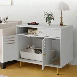 Garvee Hidden Cat Litter Box Enclosure Furniture - Modern Cat Washroom Storage Cabinet with Scratch Pad & Double Doors - Indoor Decorative Cat House with Metal Frame, Large Tabletop & Storage Shelves