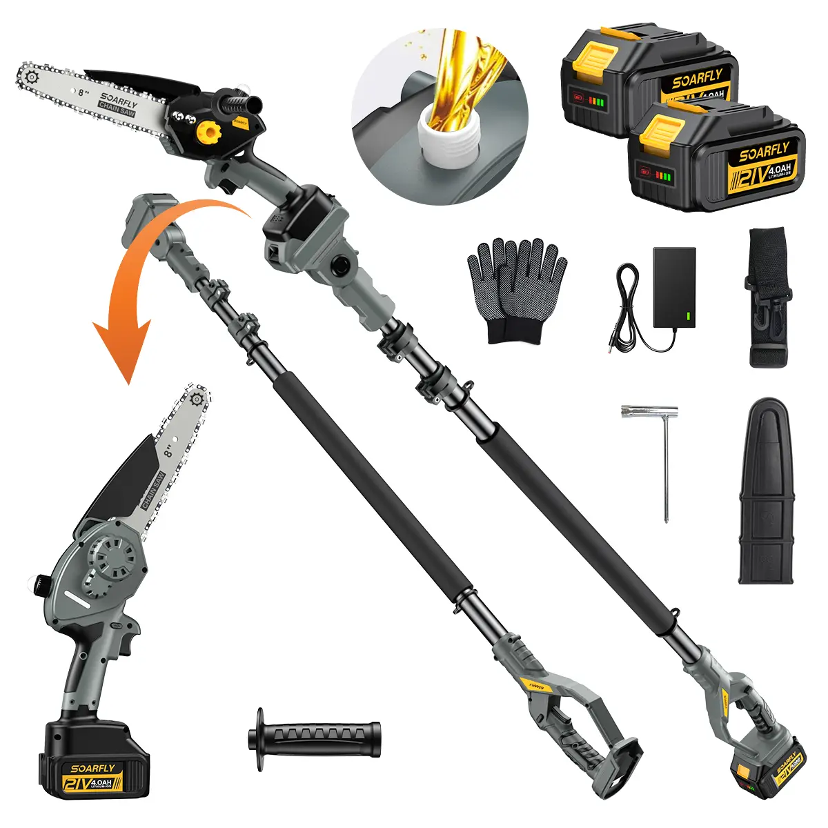 SOARFLY 2-in-1 Cordless Power Tool: Mini Handheld Chainsaw & Telescopic Pole Saw with 2 Batteries, 10 FT Extension Pole for Tree Trimming, Limb Cutting, Power Tools