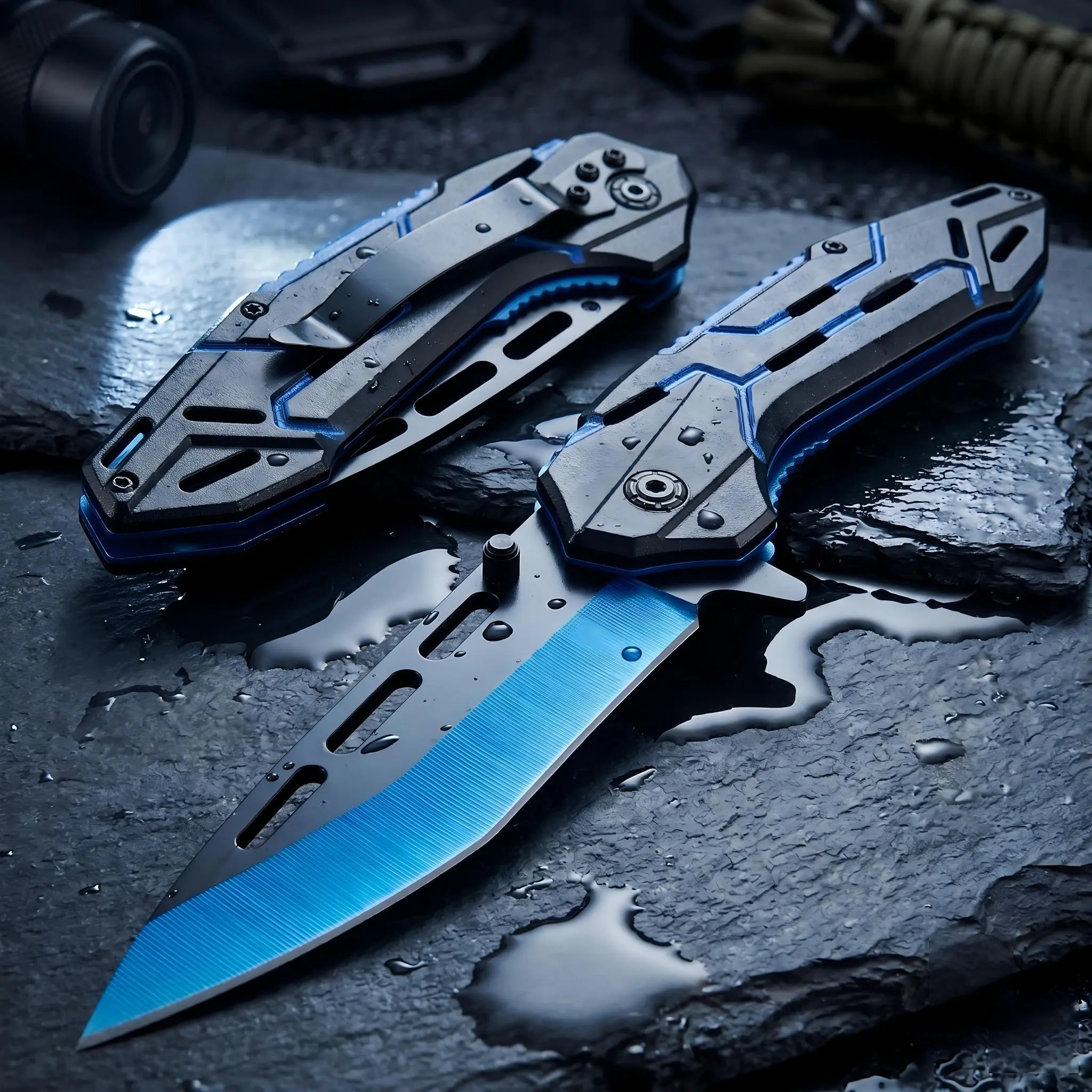 Black-Blue Geometric Hollow Folding Pocket Utility Knife, Quick-Open Stainless Steel Blade with Belt Clip, Lightweight Outdoor Cutting Tool for Camping & Hiking, Father’s Day Gift for Men