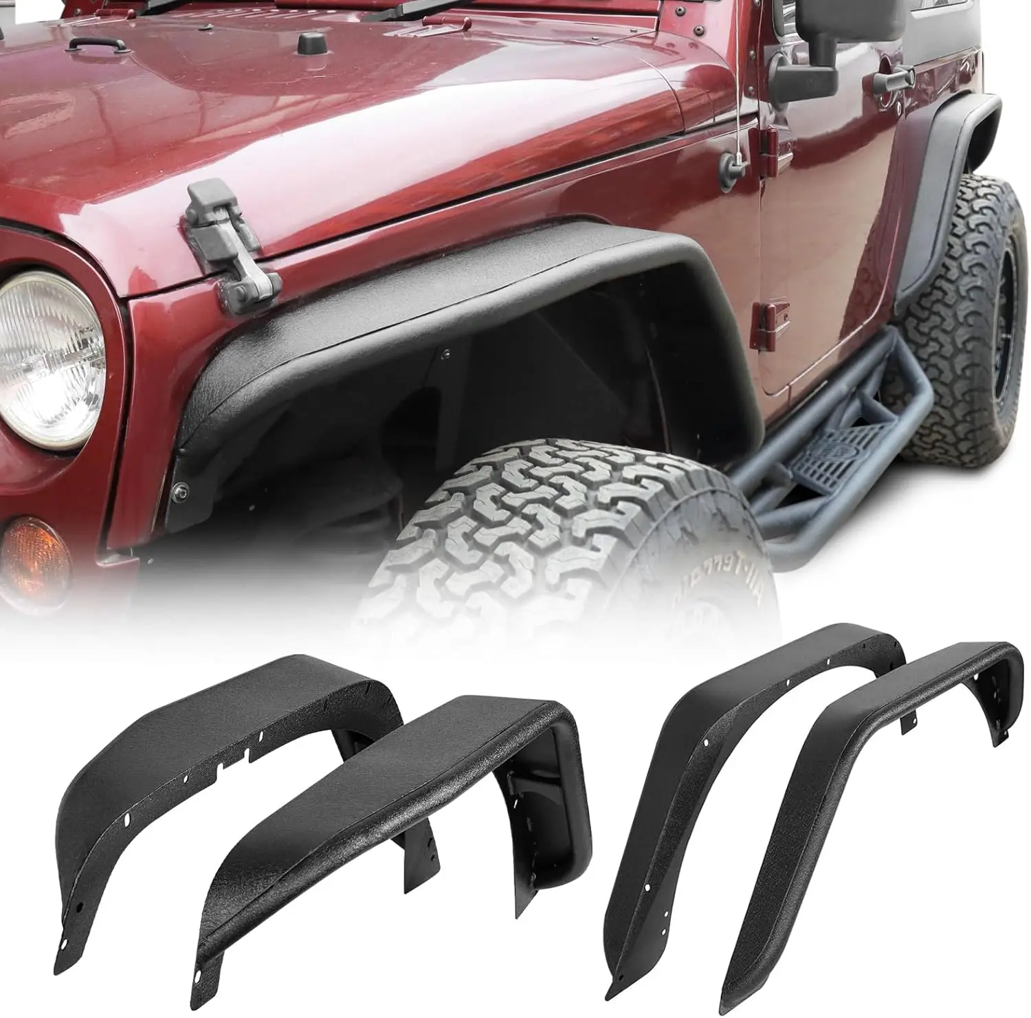 4 PCS Metal Automotive Off-Road Steel Fender Flares - Front & Rear Car Accessories for 2007-2018 Jeep Wrangler JK/JKU Models, Off-Roading Vehicle Protector with Extra Tire Coverage, Max Clearance (2-Door, 4-Door)