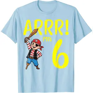 Women's 6th Birthday Pirate Themed Cotton T-Shirt, Rainbow Print Clothes, Safe Material Everyday Top for "Arrr I'm 6 Years Old" Bday Party