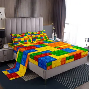 Twin Size Color Building Blocks Bed Sheet Set Brick Bedding Set for Bedroom Nursery, 3Pcs includes Flat Sheet Fitted Sheet and Pillowcase