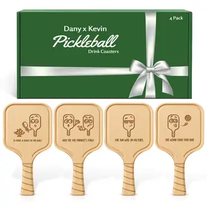 Pickleball Paddle Drink Coasters Set of 4 – Funny, Drink & Classic Designs for Pickleball Lovers | Premium Wooden Coasters in Gift Box by Dany x Kevin