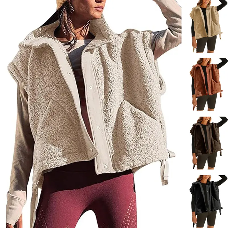 Yeokou Women's Fuzzy Sherpa Fleece Sleeveless Vest - Casual Loose Fit Button-Down Outerwear with Hand-Warm Pockets, Minimalist Shape Elevates Basics, Solid Plain Snap-Front Top for Hiking