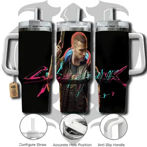 HardTimesMerch - Cyberpunk 2077 #1 40oz Handle Tumbler Stainless Steel Travel Mug, Game Inspired Vacuum Insulated Cup, Large Iced Coffee Tumbler, Manga Fighter Drinkware, Gamer Gift for Him Her