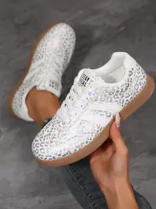 Women's Spring Summer Sports Shoes Sneaker Casual Low Top Lace-Up Round Toe with Rhinestones, Textile Upper, PU Sole, All Seasons, Glitter Design Sneakers