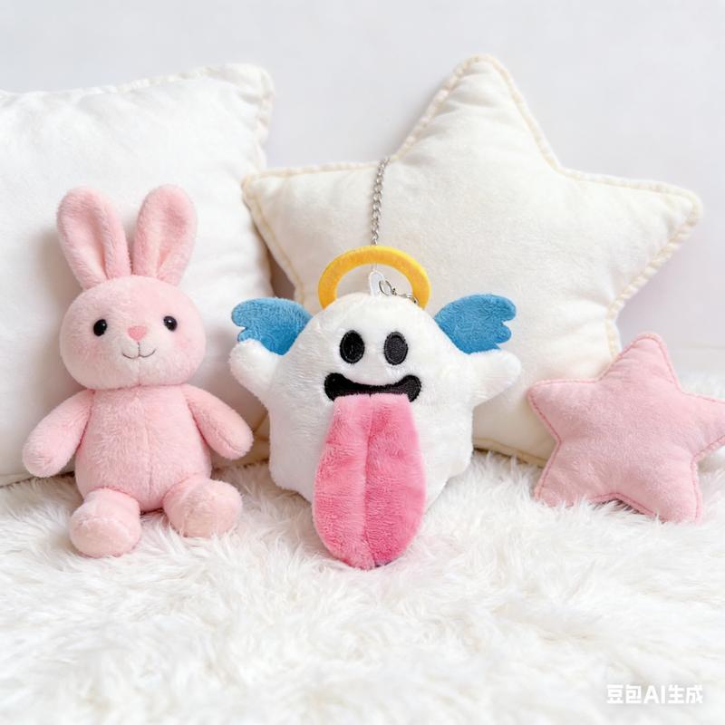 2026 Plush Keychain of Quirky Angel Ghost Design, Soft Furry Texture with Halo and Blue Wings, Funny Long Tongue for Cute Accessory Lovers