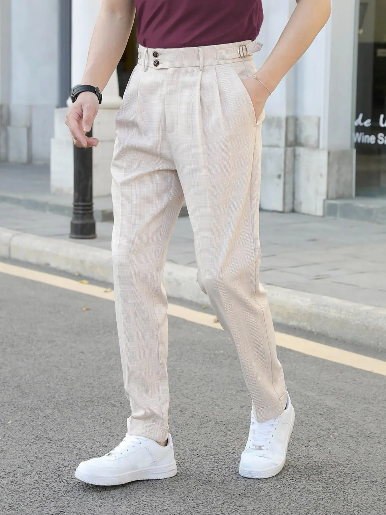 Men's Tartan Print Plicated Pocket Straight Leg Suit Pants, Slim Business Streetwear Adjustable Zipper Fly Trousers for Work Office, Menswear for All