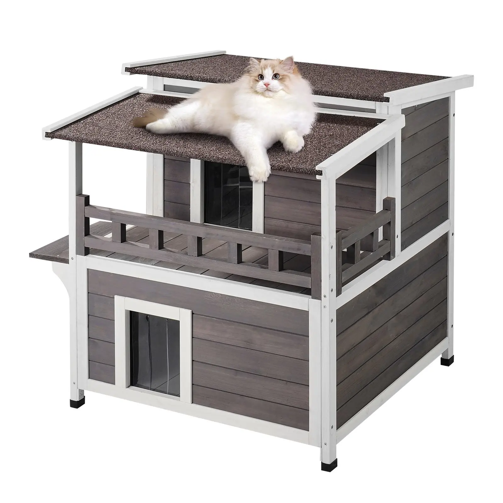 Outdoor Cat House 2-Story Wooden Feral Cat Shelter With Balcony And Roof, Weatherproof Outdoor Pet Home, Multi-Level Insulated Exterior Cat House For Outdoor Use, Durable Timber Construction, Safe Enclosure