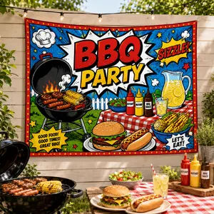 BBQ Party Tapestry Wall Hanging, Backyard Grill Cookout Banner, Summer Barbecue Food Wall Decor for Patio Garden Yard Kitchen Picnic Party Backdrop