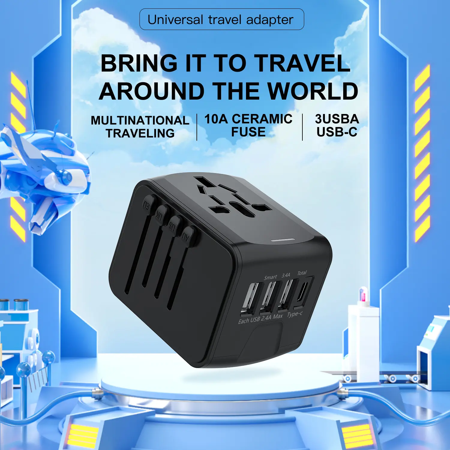 Universal All‑in‑One Travel Adapter, 2 USB‑A & 2 USB‑C Ports, AC Outlet International Plug Adapter, EU US UK AU Plugs, Compact Worldwide Travel Charger for 200+ Countries