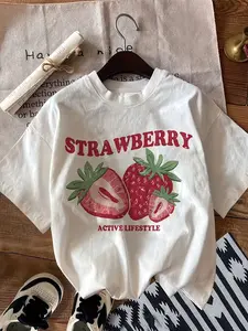Women's Casual Y Crew Neck T-Shirt with Strawberry Cartoon Print and "Lifestyle" Slogan - White with Red Graphic, Machine Washable, Spring/Summer Fashion, Everyday Comfort, Fun Design, Soft Texture Shirt
