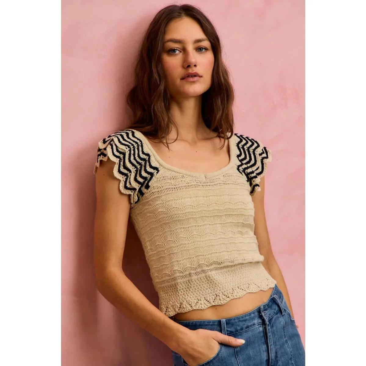 SO ME Wavy Textured Knit Top With Fluttered Sleeves