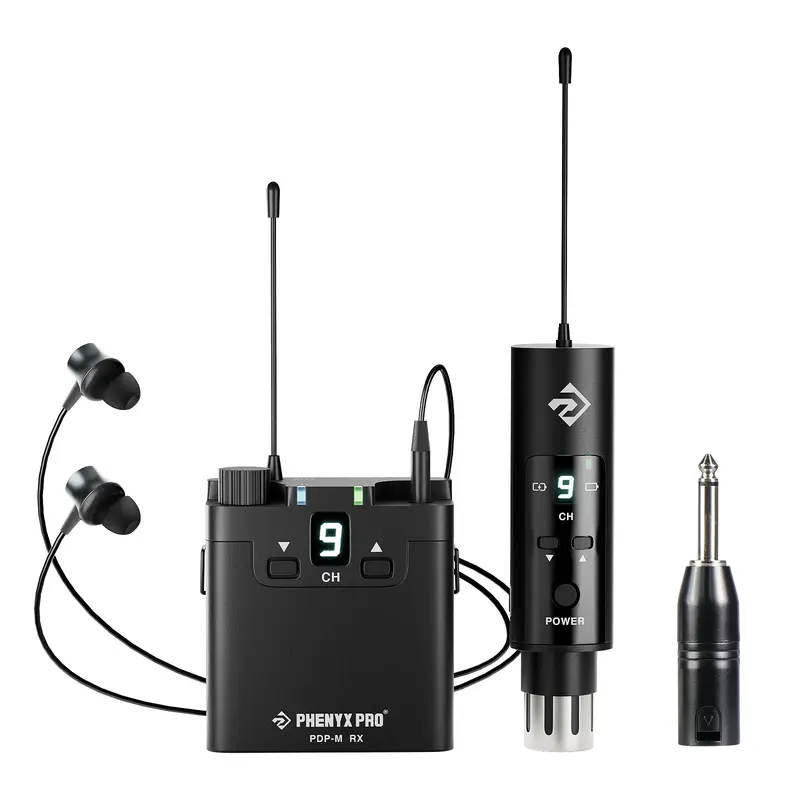 Phenyx Pro UHF Wireless In-Ear Monitor System - 3.5mm Plastic Headphones for Musicians, Professional IEM Kit with Stereo Monitoring, 16 Frequencies, 200 ft Range, Transmitter & Beltpack Receiver (PDP-M)