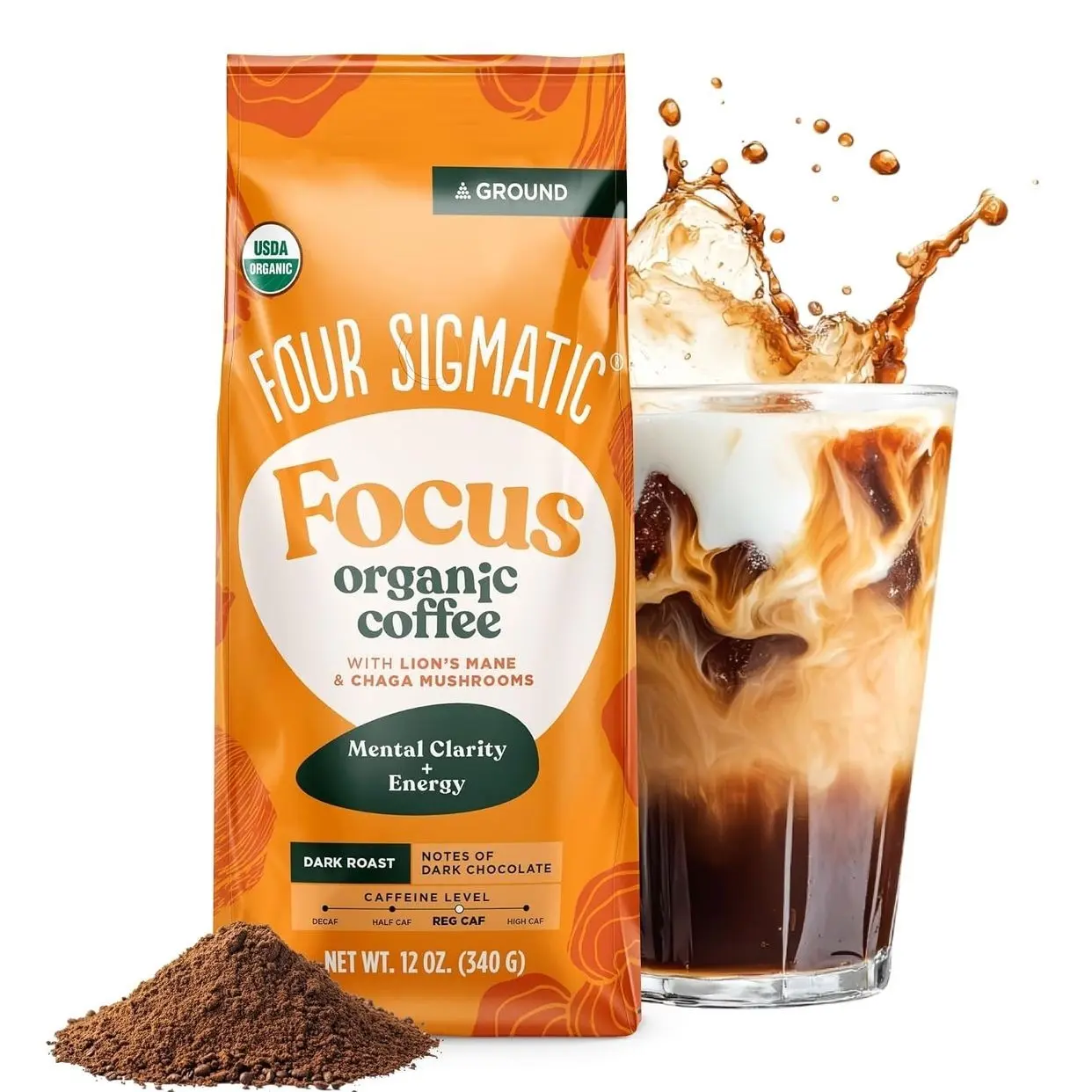 Four Sigmatic Focus Mushroom Coffee | Organic Ground Coffee with Lion's Mane Mushroom and Chaga for Better Focus and Immune Support | 12oz