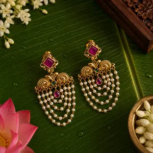Meena Kerala Antique Gold Plated Pearl Chandbali Earrings – South Indian Temple Jewelry with Ruby & Emerald Stones | Indian Bridal Earrings by Jaipur Rose