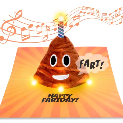 Farting Birthday Card – Plays Happy Birthday in Farts with LED Light Show – 3D Pop Up Plush Poop Card, Funny Gag Gift for Men, Women & Friends