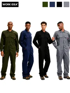 WORK IDEA Men's Plain 100% Cotton Twill Work Coveralls, Casual Loose-Fit Long-Sleeve Jumpsuit with Multiple Pockets, Menswear Uniforms