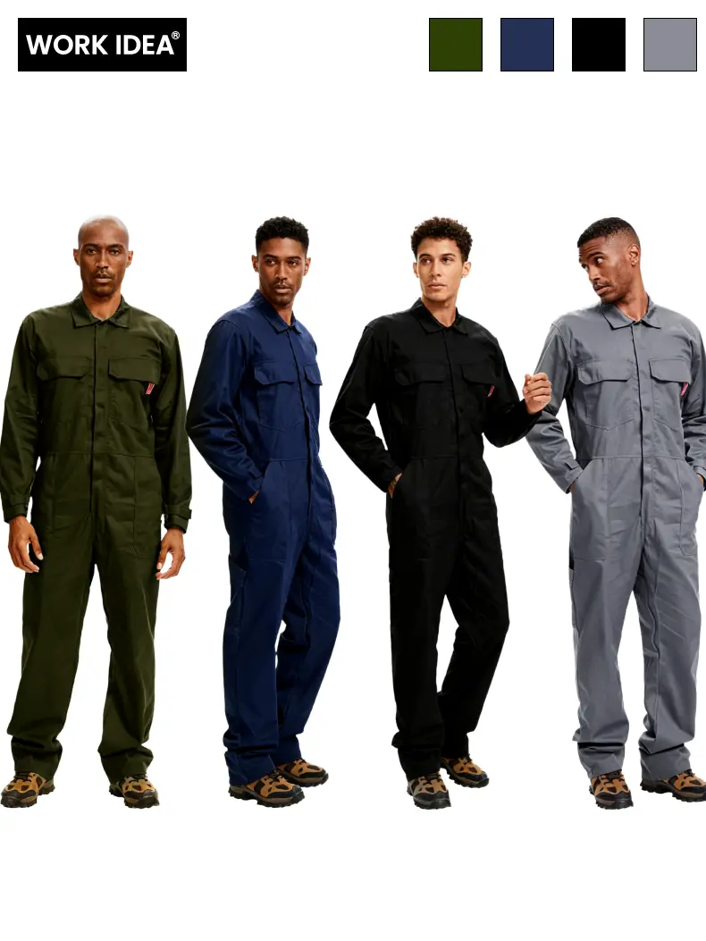 WORK IDEA Men's Plain 100% Cotton Twill Work Coveralls, Casual Loose-Fit Long-Sleeve Jumpsuit with Multiple Pockets, Menswear Uniforms