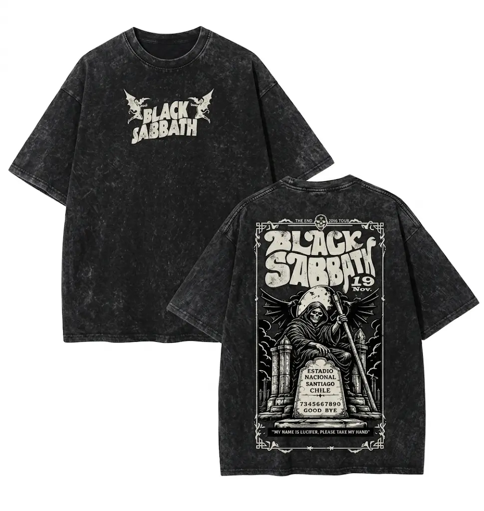 Black Sabbath The End Tour 2016 Santiago Chile Grim Reaper Tombstone Double Sided Unisex Washed Black Tshirt Mens Vintage Rock Band Tee, Boyfriend fit shirt, Oversized top for women, Heavy metal streetwear, Alt grunge clothing, Music lover gift