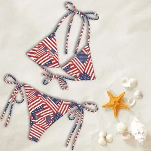 Women 2PC USA American Flag Allover Print Bikini Set Triangle Halter Tie Side String Swimsuit Patriotic 4th of July Memorial Day Beach Pool Party Summer Sunbathing Comfy Swimwear