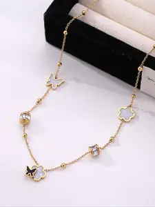 Butterfly & Flower Design Chain Necklace, Elegant Rhinestone Decor Necklace for Women & Girls, Fashion Jewelry for Party, Daily Decor, Trendy Jewelry for  Gift