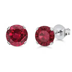 925 Sterling Silver Stud Earrings Rhodium Plated Ruby CZ Round Cut (5mm)