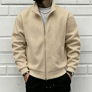 Men’s quilted knit zip-up jacket, thick fleece-lined bomber sweater, casual streetwear thermal cardigan for autumn and winter, warm textured outerwear with pockets