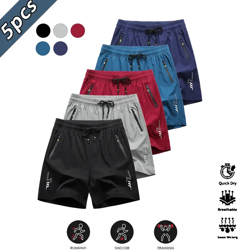 URMCZ Men's 5-Pack Value Set Solid Color Quick-Dry 3-Quarter Athletic Running Shorts - Regular Fit, Breathable Fabric, Zip Pockets, Beach-Ready Loose, Solid Color Pairs Cleanly with Tees for Gym & Running