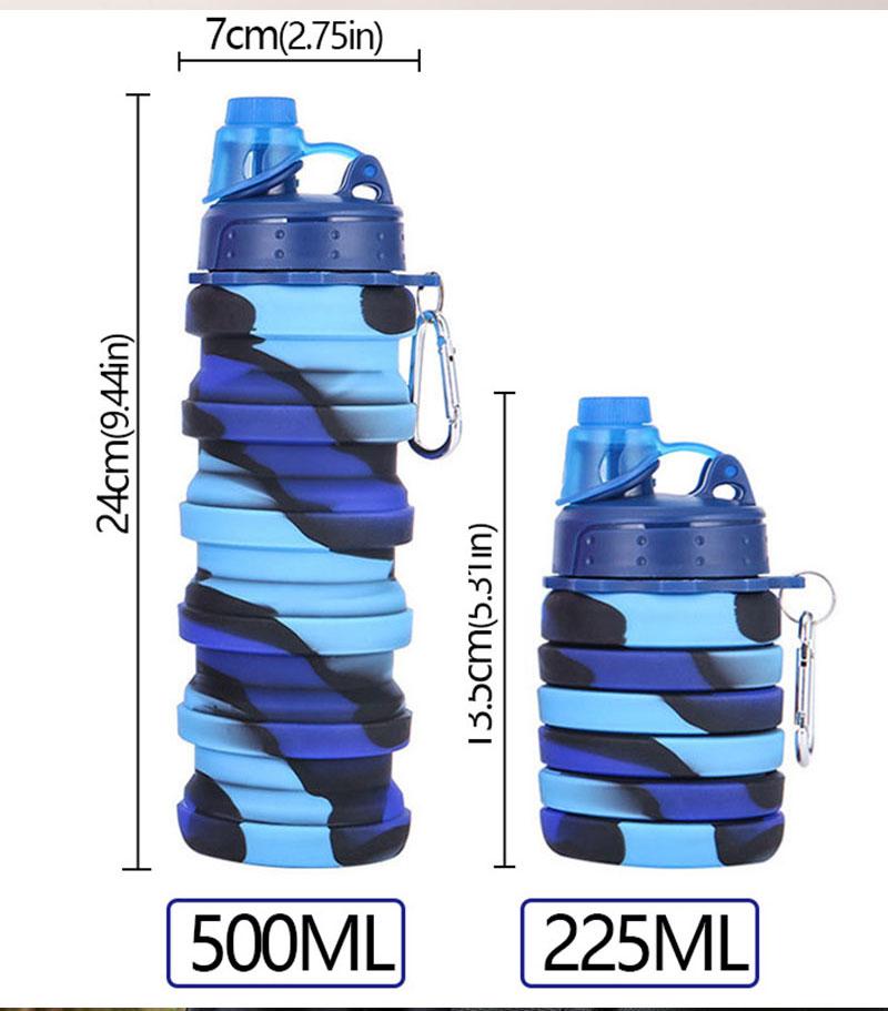 Outdoor Sports Silicone Foldable Water Bottle for Camouflage Creative Travel Reusable Leakproof Water Bottle with Carabiner
