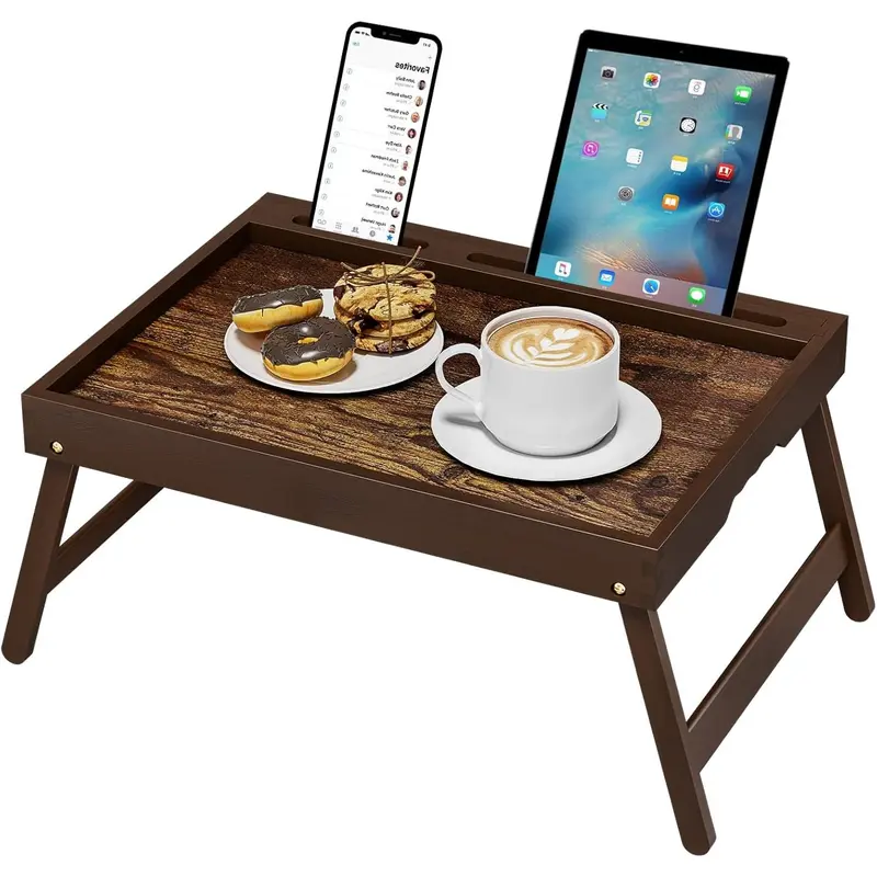 Bamboo Bed Tray Table - Multi Functional Foldable Laptop Stands & Trays with Detachable Stand, Ergonomic Handle, Vintage Walnut Finish, Lightweight Design, Easy Storage for Eating, Laptop, Tablet/Phone Use