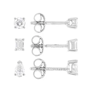 JTV Round, Pear and Emerald Cut White Lab-Grown Diamond H SI Rhodium Over Silver Earring Set of 3