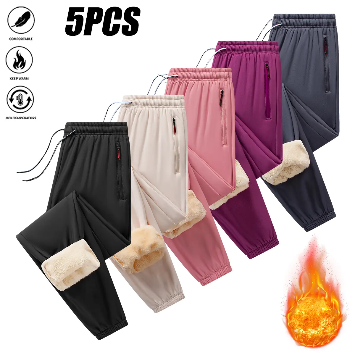 JOGWAVE 5PCS Women’s Windproof Fleece-Lined Winter Jogging Pants | Warm, temperature-locking tapered slim-fit long pants with zippered safety pockets | Elastic drawstring waistband design, suitable for commuting, outdoor activities, and everyday casual we