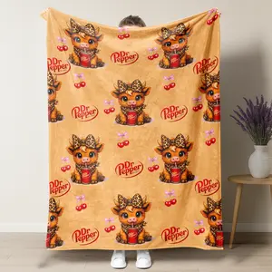 Dr Pepper Highland Cow Blanket – Adorable Pattern Design Featuring Cute Cows with Leopard Print Bows, Cherries & Dr Pepper Logos, Perfect for Soda & Animal Lovers