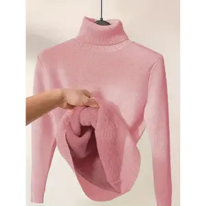 Women’s Solid Turtleneck Pullover Sweater, Casual Long Sleeve Thermal Pink Knitwear, Polyester, QJ17235