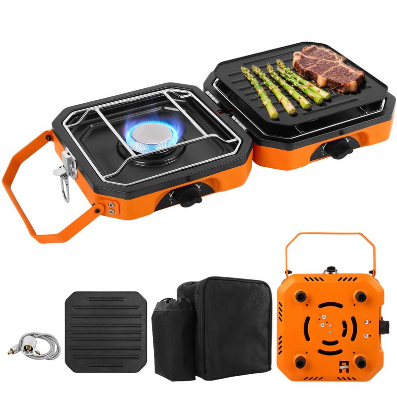 2 Burner Propane Camping Stove With Grill,Portable Foldable Camp Stove With 17000BTU, Two Piezo Ignition Adjustable Windproof Burners forCamping, Grilling, Tailgating, & More