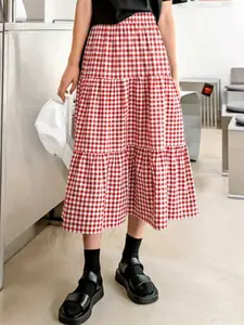 Women's Plaid Midi Skirt, Elastic High Waist A-Line Dress, Loose-Fitting Casual Flowy Style, Perfect for Leisure and Vacation, Womenswear, Fashion Plaid Skirt