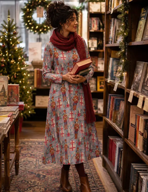 Nutcracker Storybook Christmas Dress Vintage Holiday Long-Sleeve Maxi Dress