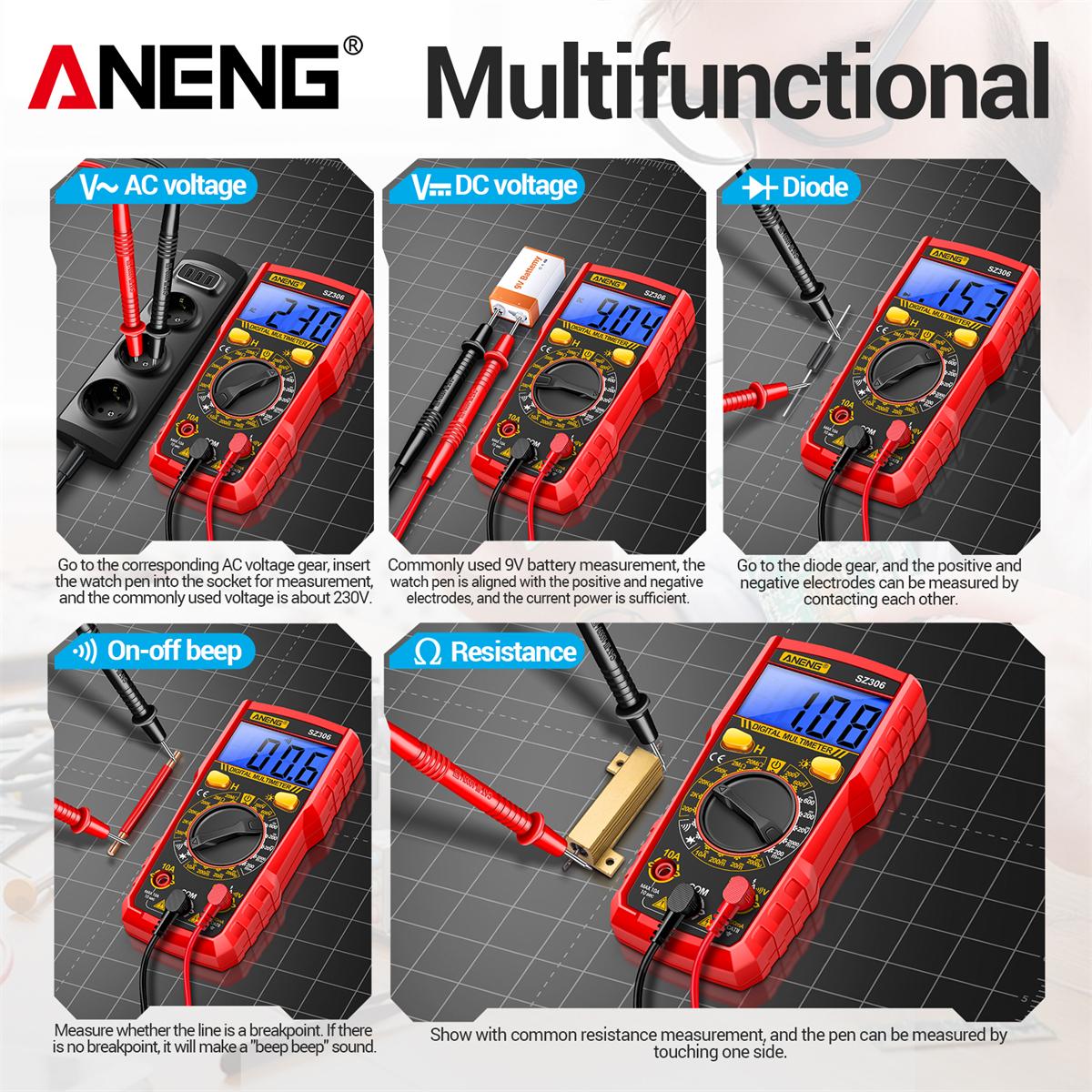 ANENG SZ306 Professional Smart Digital Multimeter for Electricians, AC/DC Voltage, DC Current, Resistance & Diode Tester Up to 20MΩ, Home & Automotive Repair Tool ANENG SZ306 High Precision Multimeter Tester, Smart Digital Voltmeter, Diode T