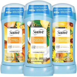 Suave Antiperspirant Deodorant for Women Variety 3-Pack – Tropical Paradise, Mango & Citrus + Everlasting Sunshine, Anti-Staining Invisible Solid, Talc-Free, 2.7 Oz Ea