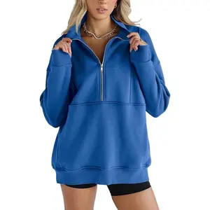 Women’s Oversized Warm Sweatshirt, Half-Zip Fleece, Thumb Holes, Long Sleeves, Pullover, with Pockets, Pink