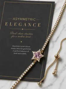 Pink Star-Cut Zircon Sliding Bracelet for Women - 14K Gold Plated Adjustable Tennis Chain, Elegant Celestial Jewelry