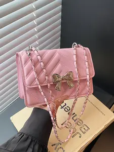 Women's New Metal Bowknot Fashion Shoulder Bag, Rhombus Grid Casual Square Bag, Metal Chain Elegant Crossbody Bag, Perfect for Daily Use