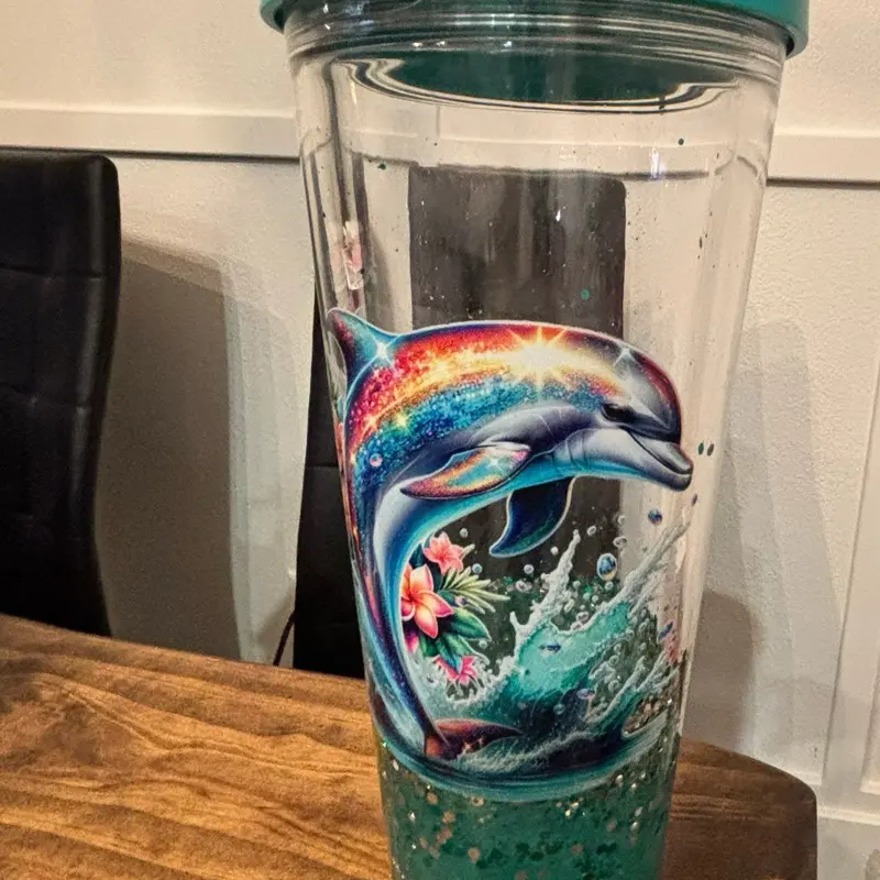 Dolphin Snow Globe Tumbler | Ocean Lover Gift | Beach Glitter Cup | Coastal Drinkware | Dolphin Lover Iced Coffee Cup | 24oz Tumbler