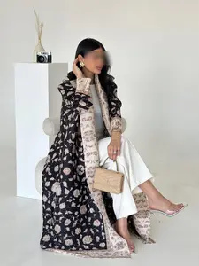 Miyake Women's Abaya Long Robe Jacket Rose Floral Ethnic Design Loose Fit All Season Fashionable Commuter Essential