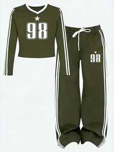 Women's Casual Fitted Set V-Neck Long Sleeve T-Shirt and Pants, California Classic 98 Print, Spring Summer, Womenswear, Outdoor & Party Wear Outfit